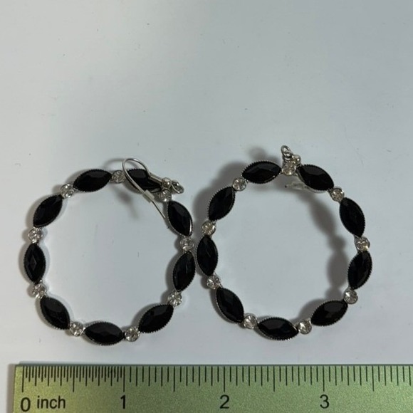 Glam Hoop Earrings Black Marquise Rhinestone Silver Tone Dangle Statement - Picture 6 of 6